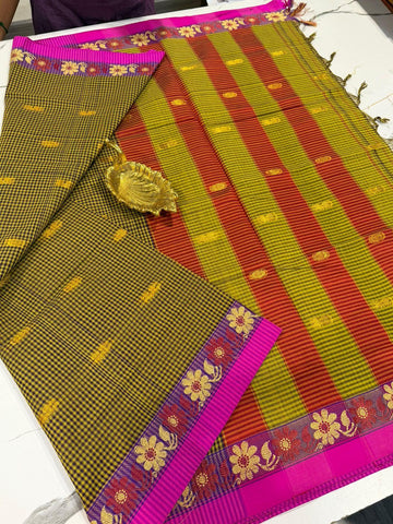 KC-950 Pesara green n Violet Checks  kanchi cotton saree