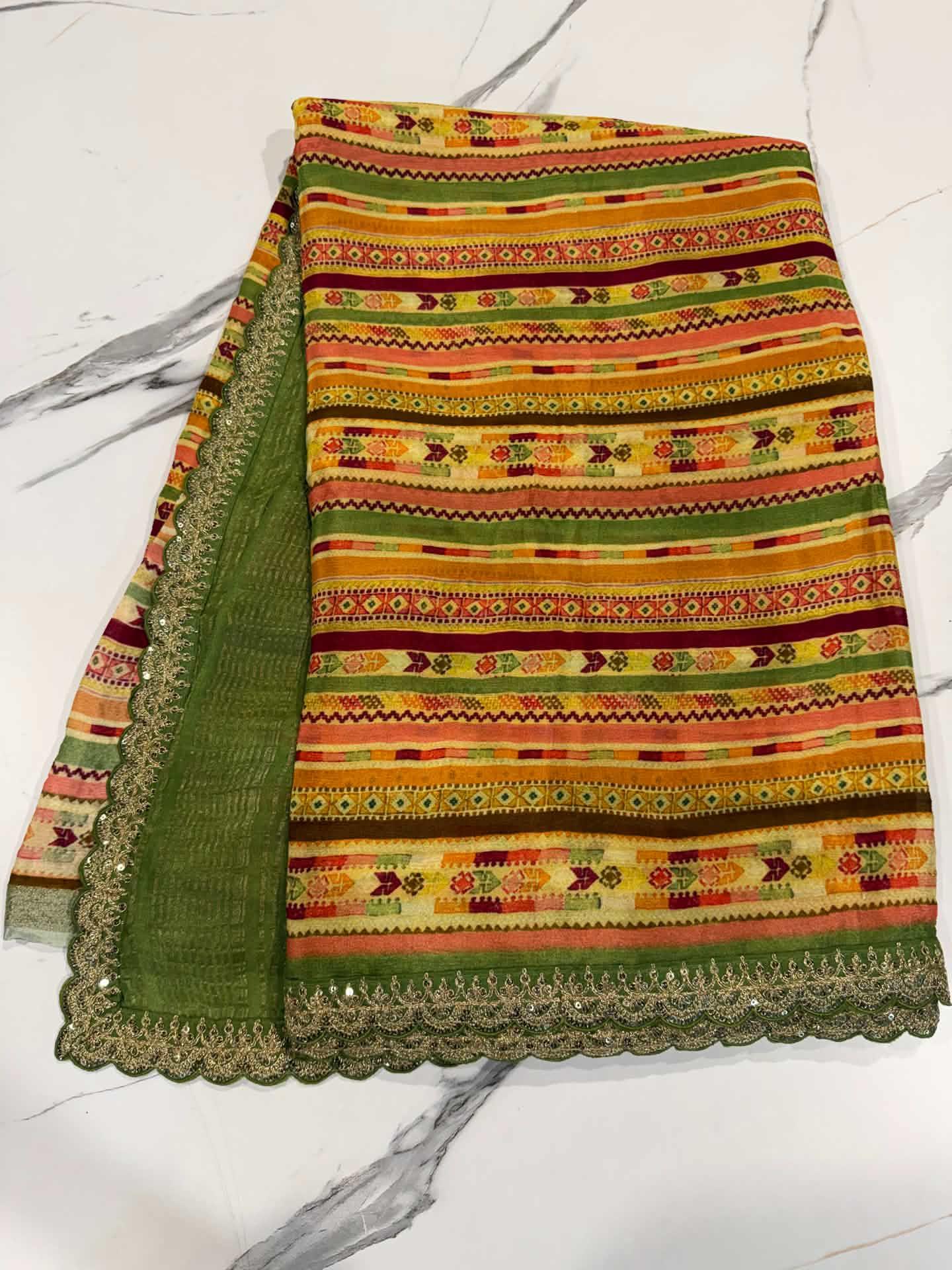 LD-37 chinon crape scalop boarders green n yellow saree