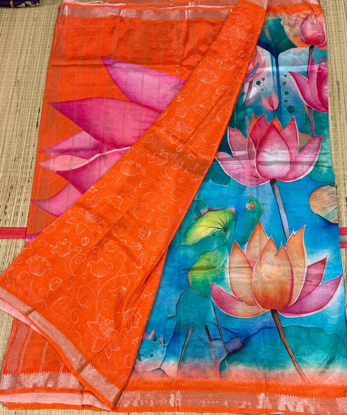 MH-33 sky blue n orange colour Handloom Mangalagiri pattu saree