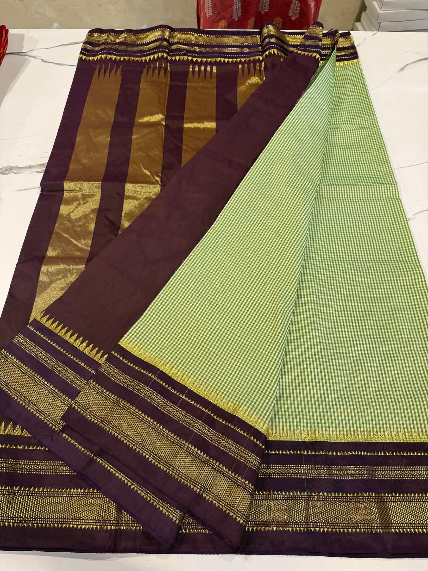 LD-N22 narayanapeta checks sarees light green and brown saree