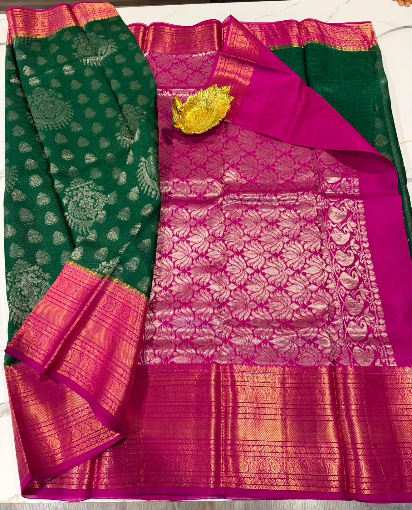 Dp-5900 green  & pink dupion pattu