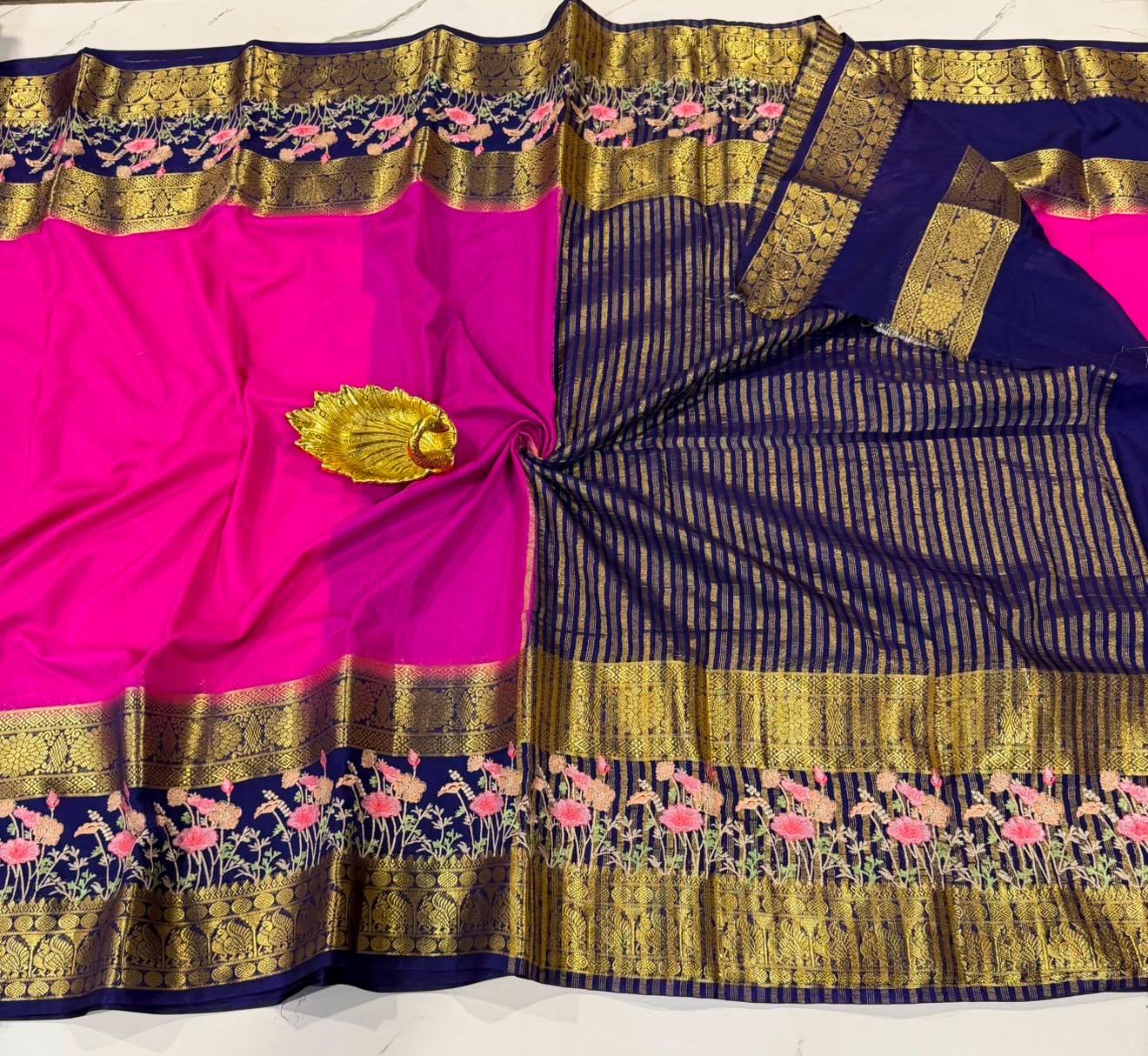 LD-M2 pink & navi blue semi Mysore saree