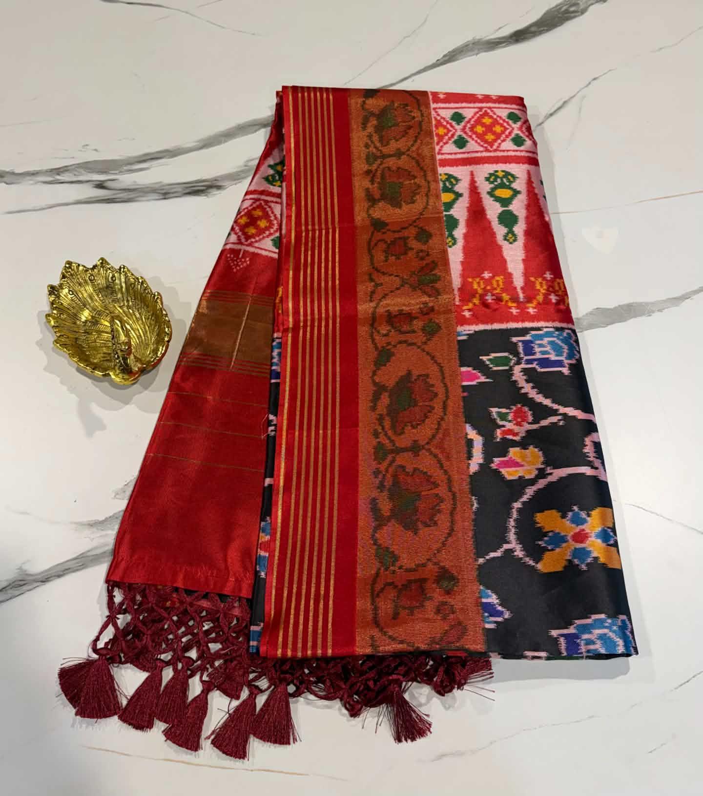 LD-1351 patola with tissue boarder black and red saree parrots