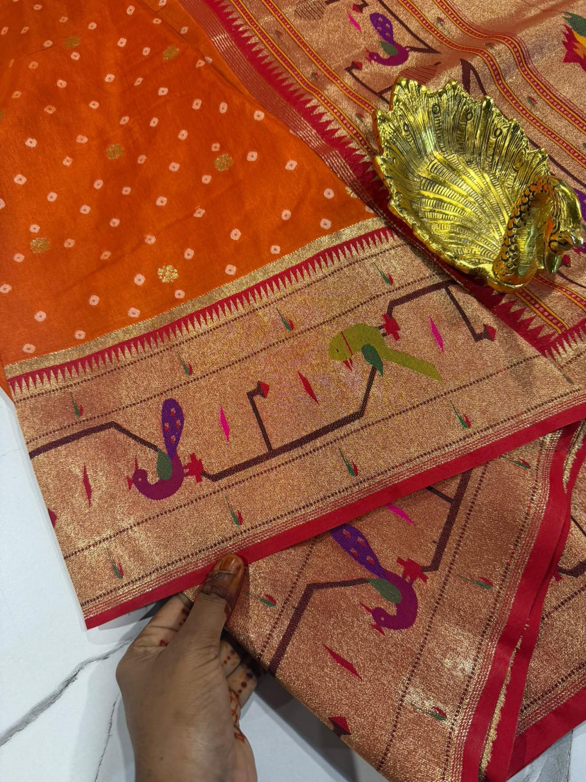 B-5400 Orange Colour Bandini Crepe Paithani borders saree