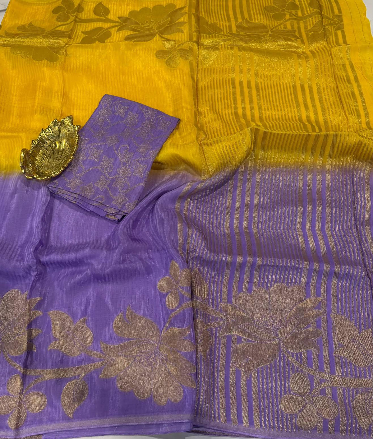 2W-2350 Yellow nd lavender colour Mysore ho Crepe saree