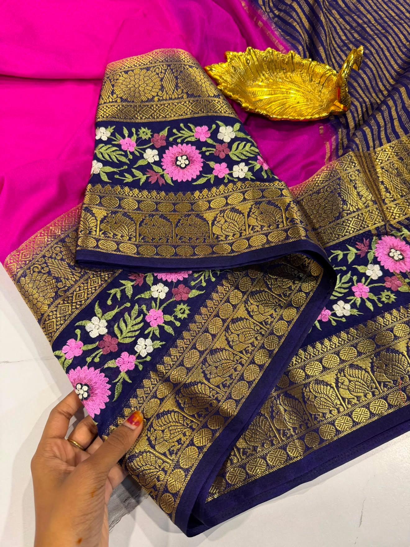 LD-M2 pink & naviblue semi Mysore saree