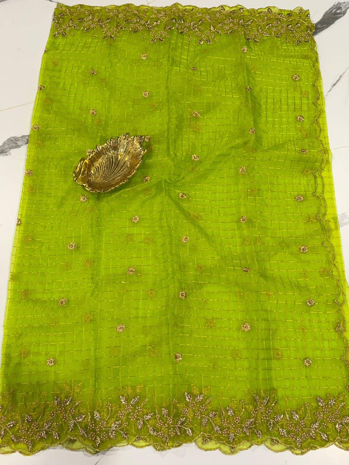 Parrot green Organza cut work dupatta