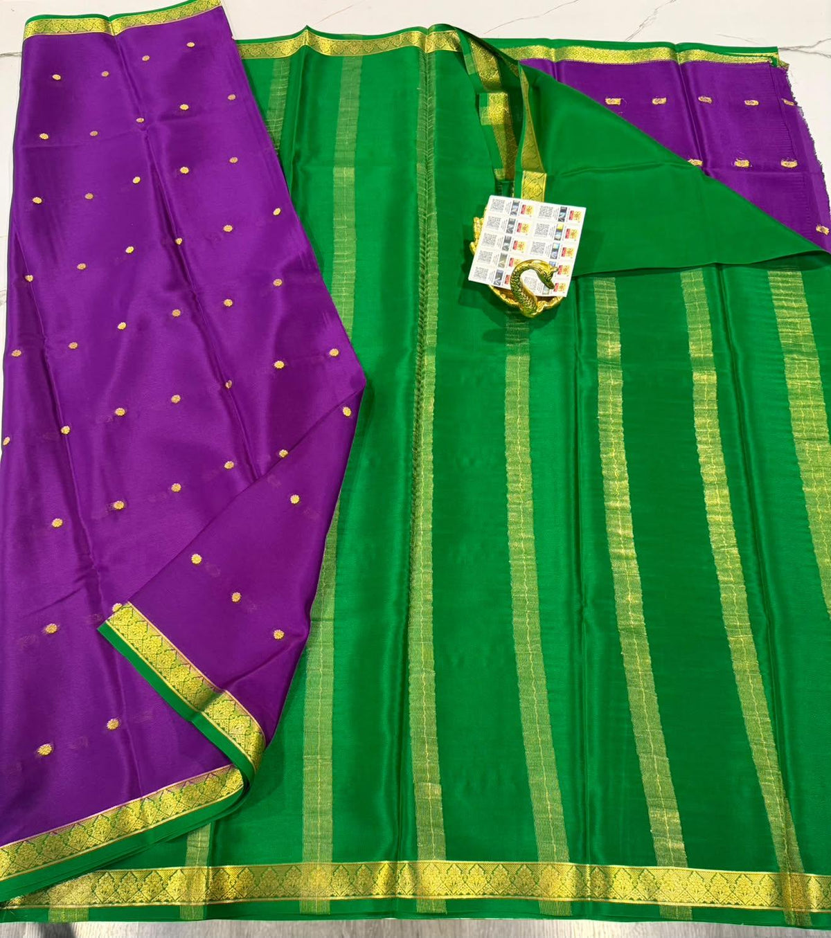 M-76 Purple n green colour pure Mysore crep saree