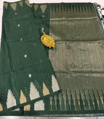 TL-1550 Dark green colour Linen jamdani temple saree