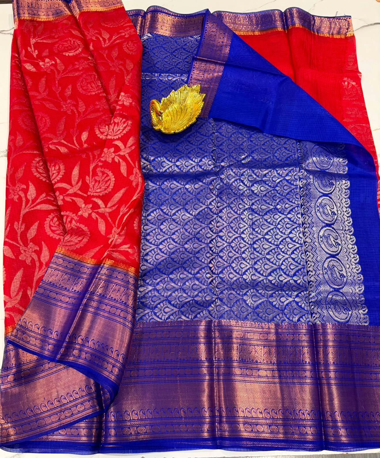 Dp-5900 red & blue dupion pattu