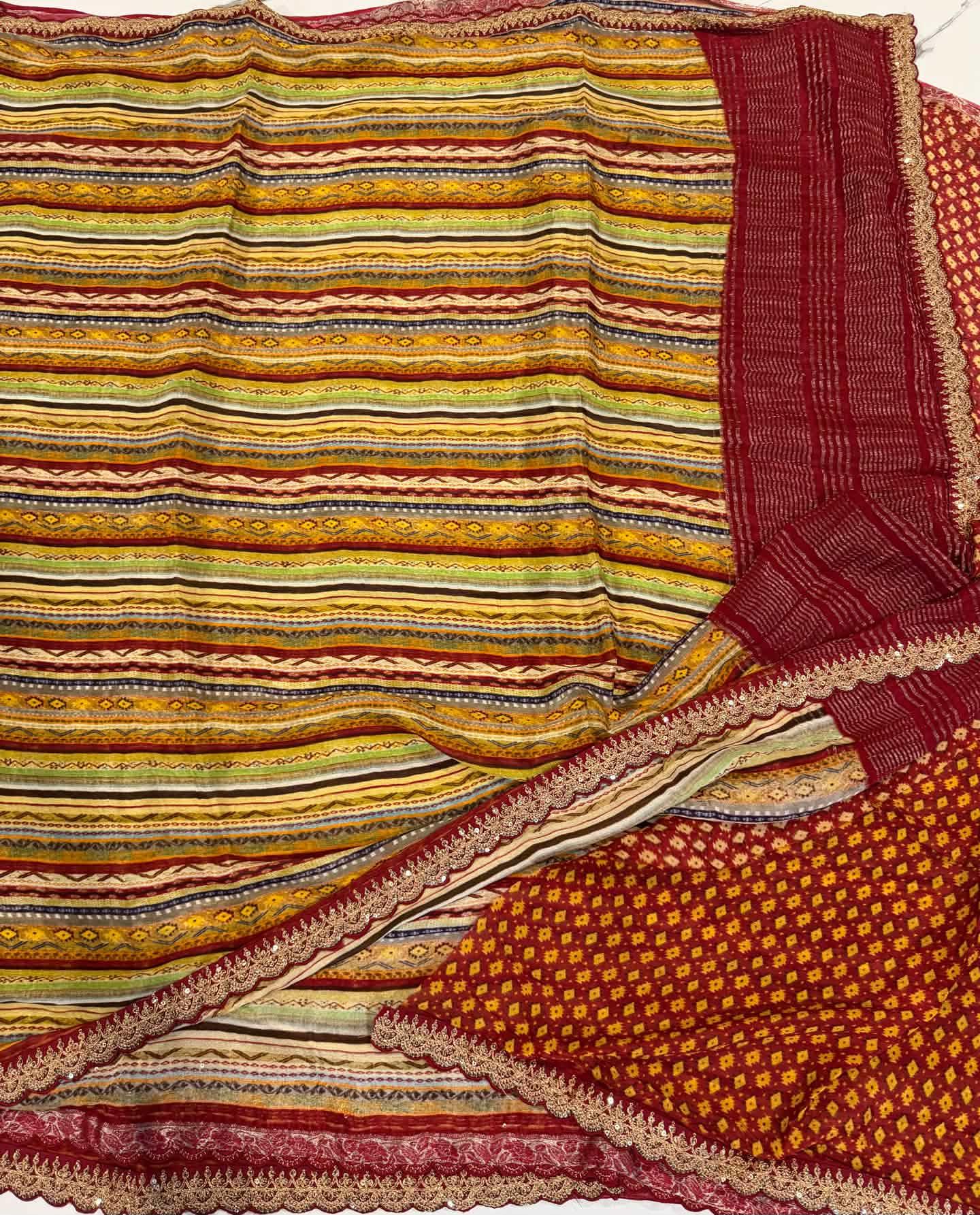 LD-37 chinon crape scalop boarders red n multi colour saree