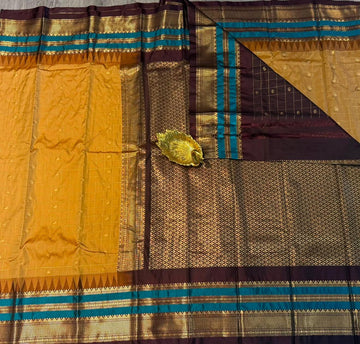 LD-G28 vintage Semi kanchi gadwal mustard yellow and  gap boarder with checks