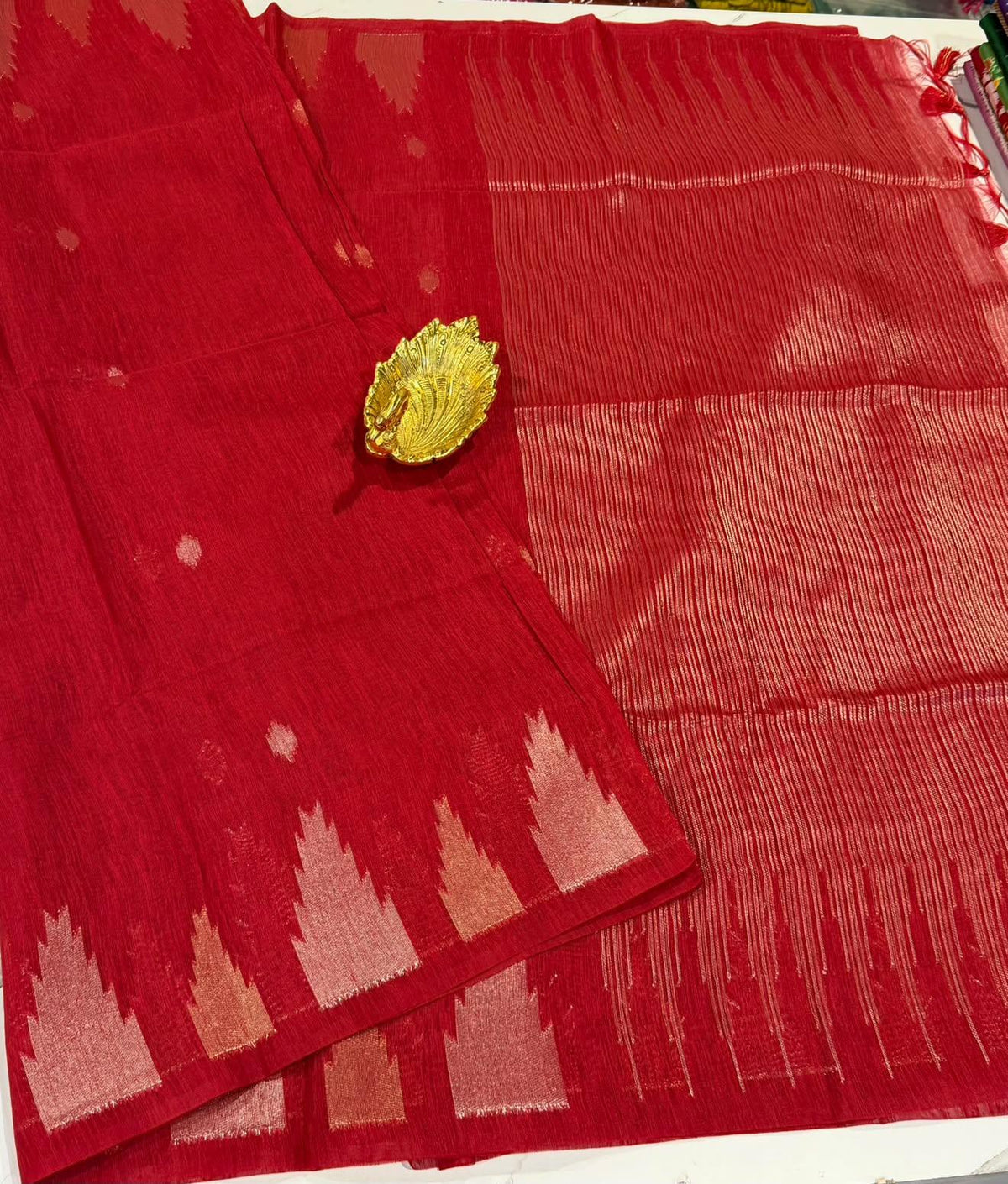 TL-1550 Red colour Linen jamdani temple saree