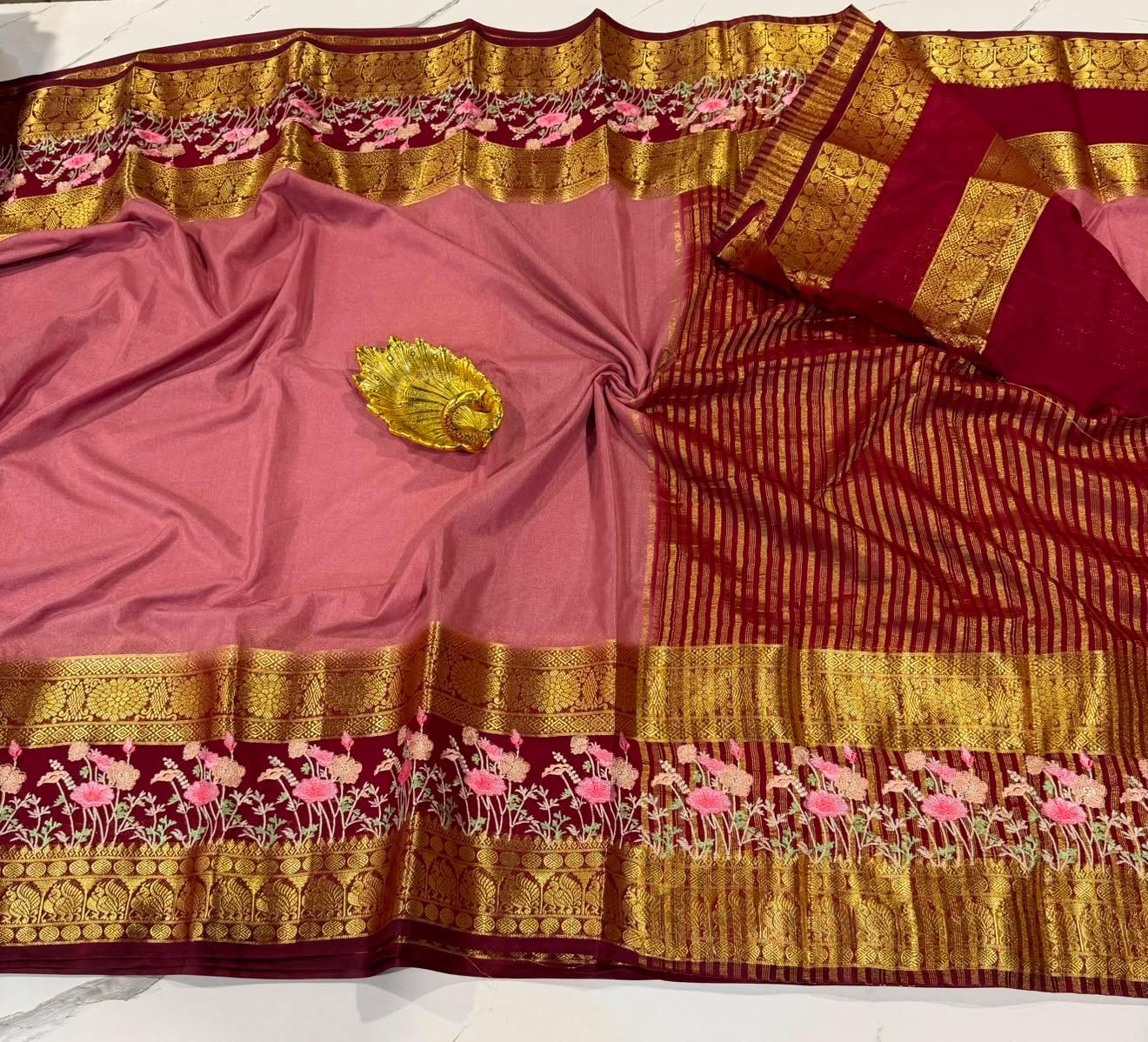 LD-M2 peach & meroon  semi Mysore saree