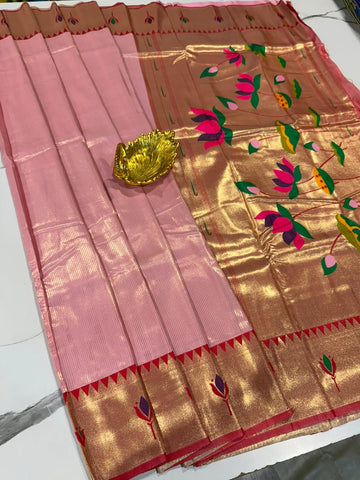 PW-1650 Baby pink n red colour paithani Saree