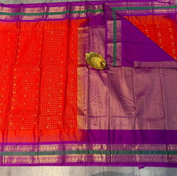 LD-G28 vintage Semi kanchi gadwal orange gap boarder with checks