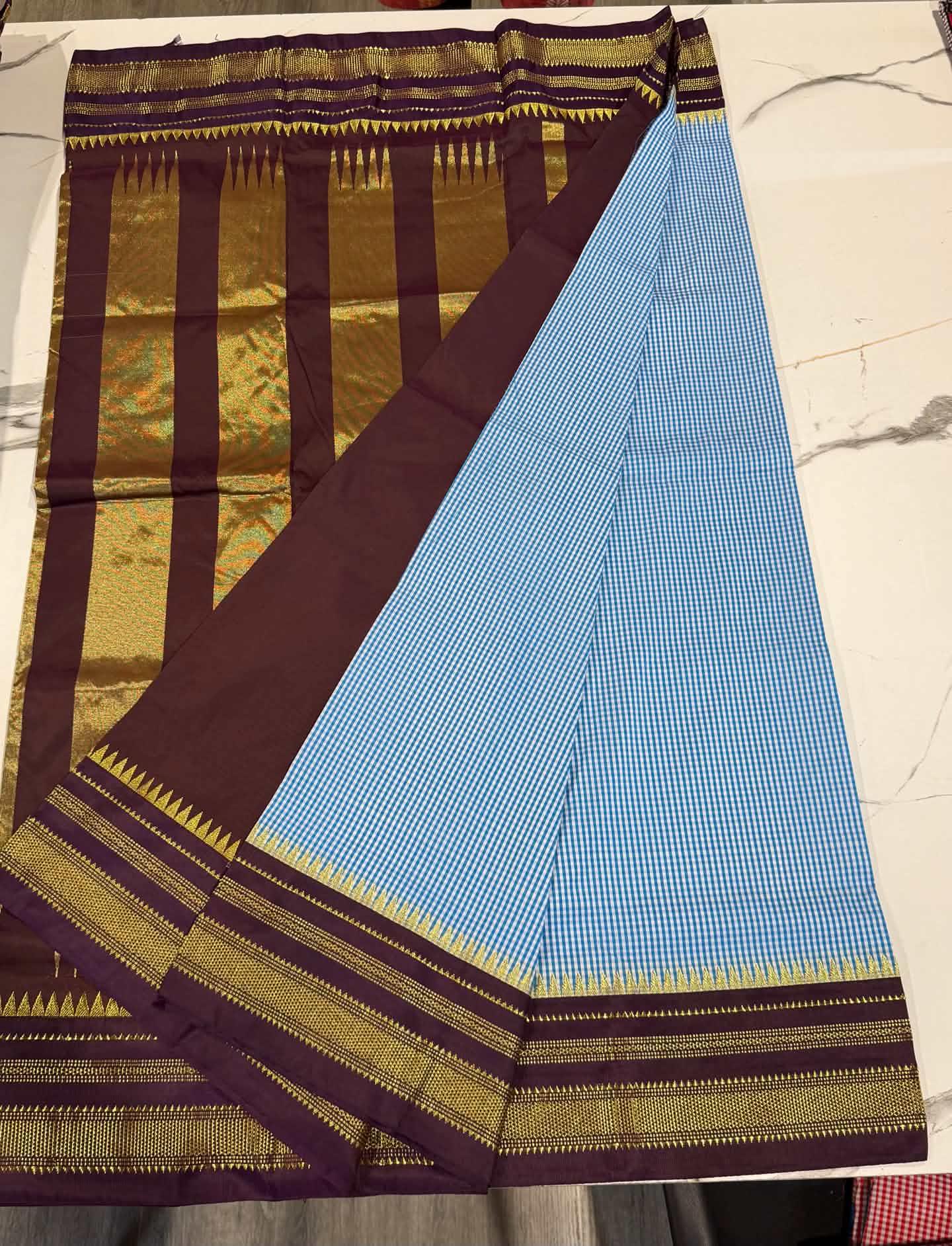 LD-N22 narayanapeta checks sarees sky blue and brown saree