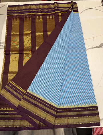 LD-N22 narayanapeta checks sarees sky blue and brown saree