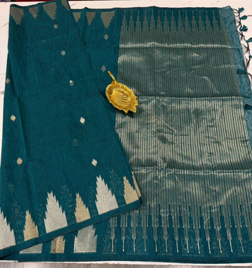 TL-1550 Peacock blue colour Linen jamdani temple saree