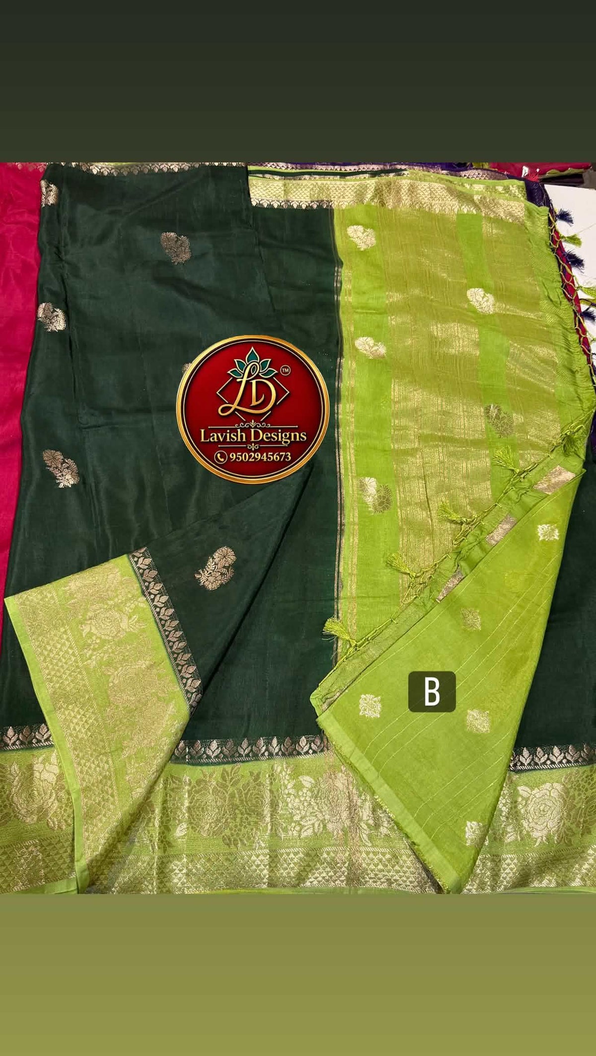GM-1699 Bottle green nd Light green colour Banaras green mango saree