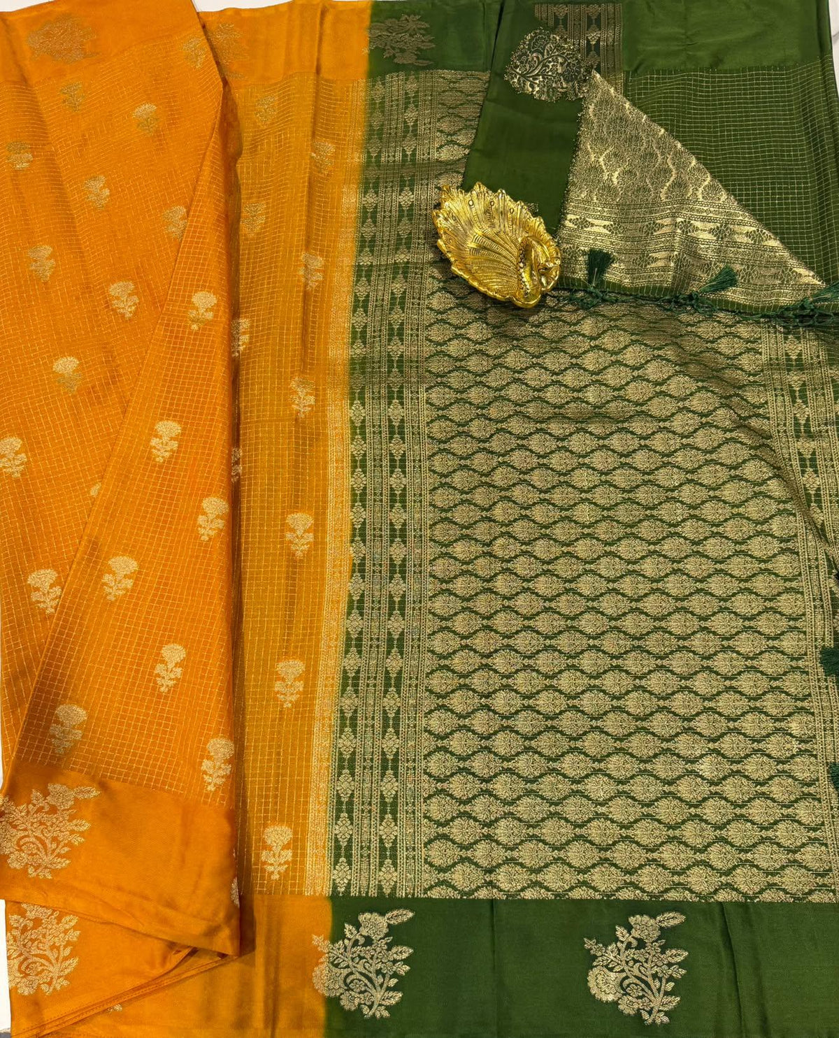 L-2050 Mustered yellow nd Green colour Georgette satin borders saree