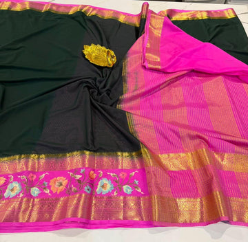 LD-M2 green & pink small boarder sarees semi Mysore sarees