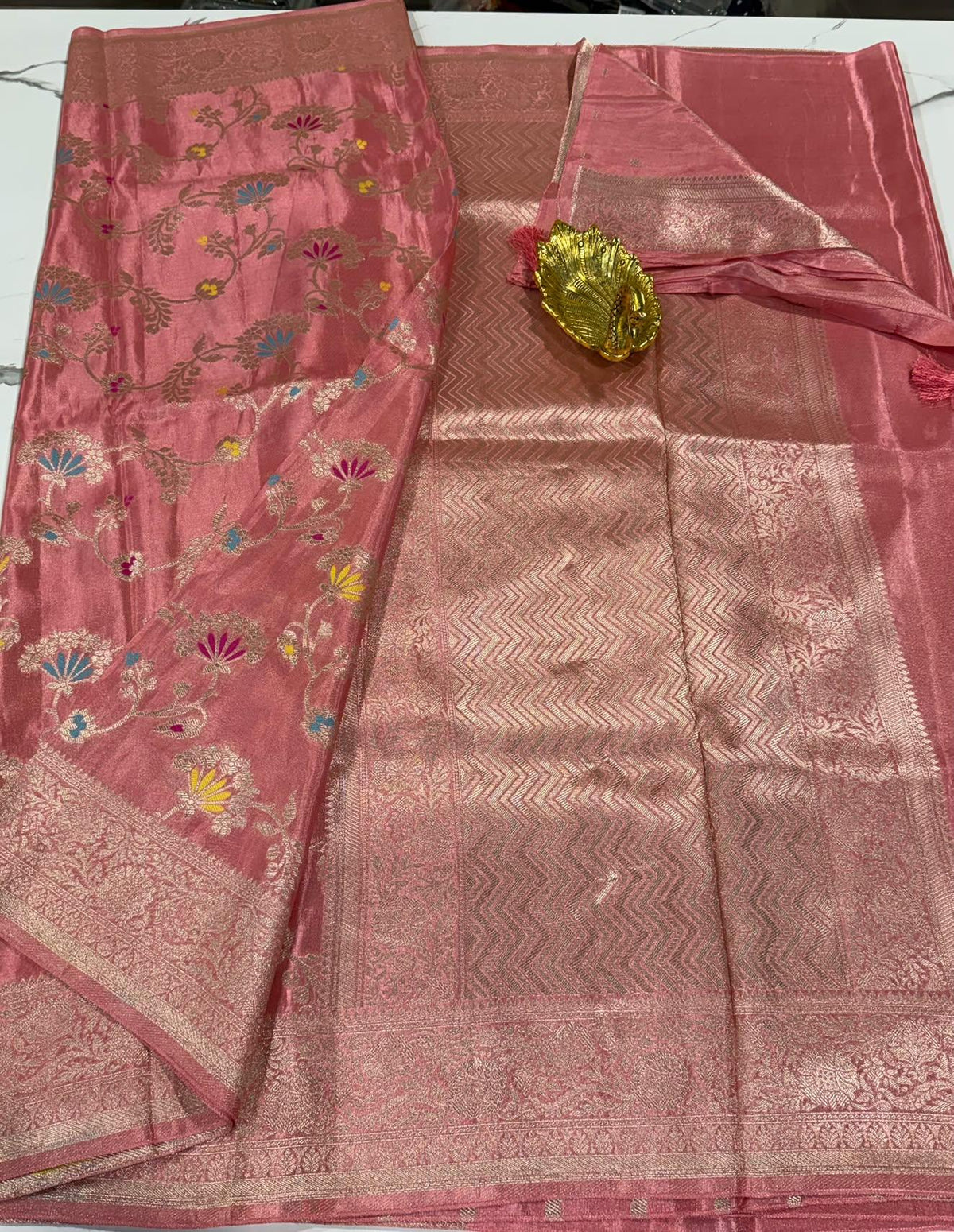 KE-2150 Pink colour Banaras katan tissue saree