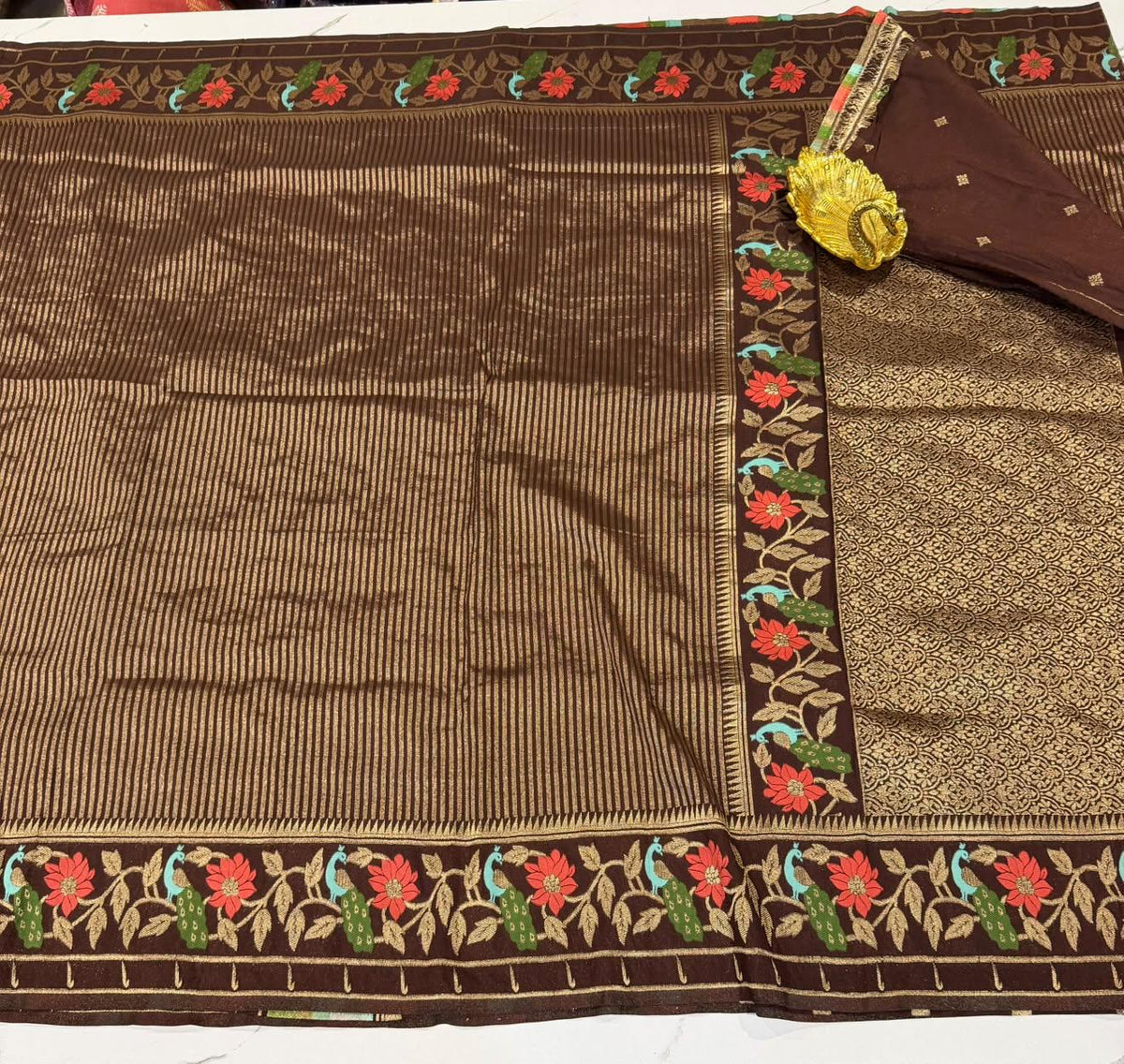 Gv-1950 Brown Banaras red flowers green mango saree