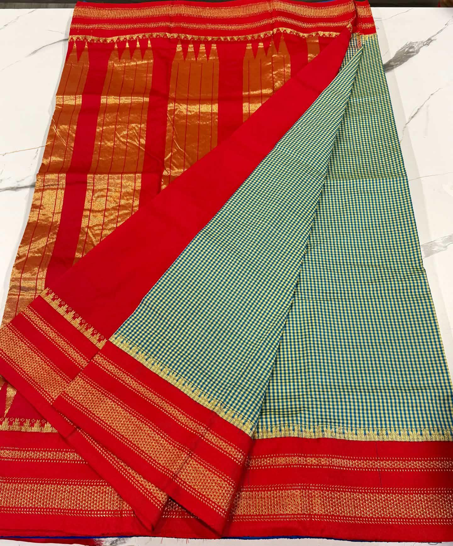 LD-N22 narayanapeta checks sarees green and red saree