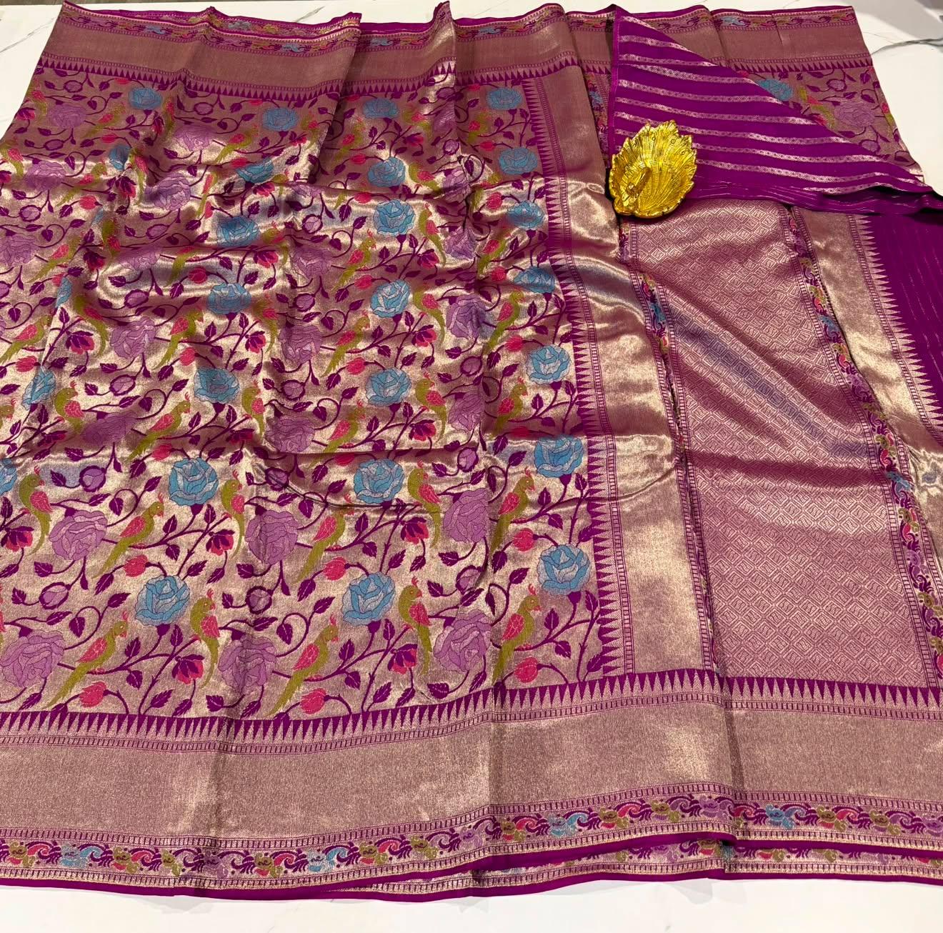 Ts-4600 Purple colour Tussar tissue parrots saree