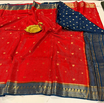 VKC2149 - Red and Rama blue small brdr - vintage Kanchi checks