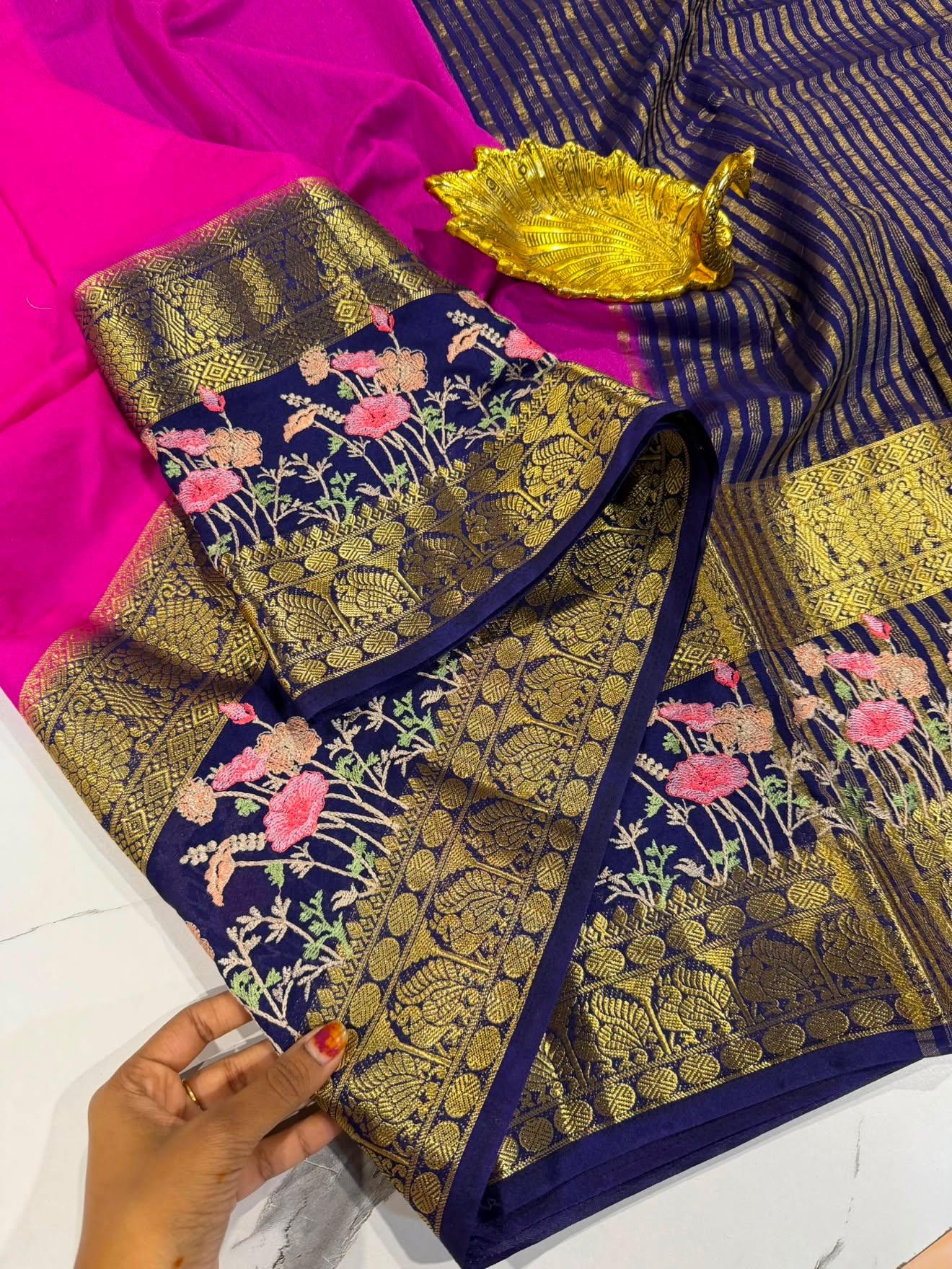 LD-M2 pink & navi blue semi Mysore saree