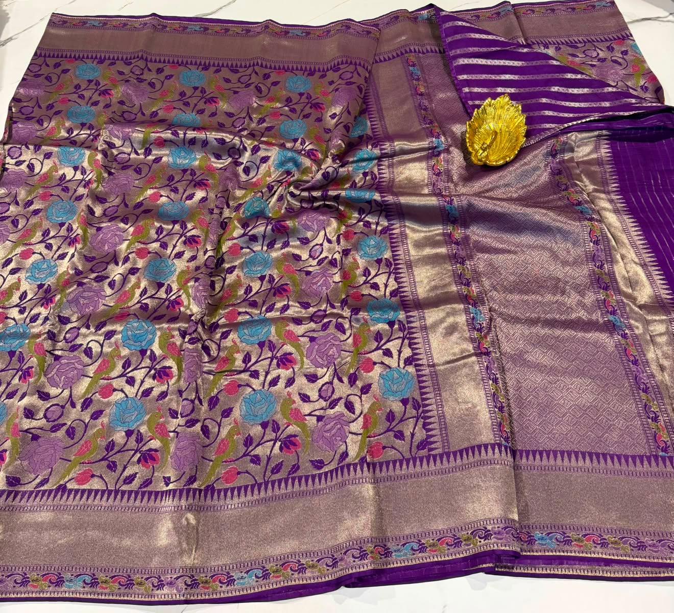 Ts-4600 Brinjal colour Tussar tissue parrots saree
