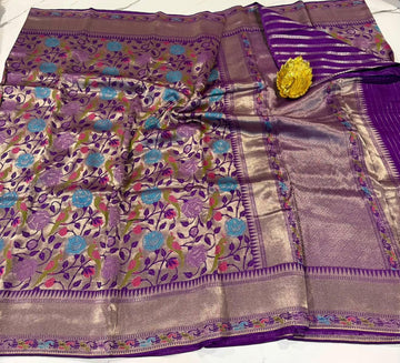 Ts-4600 Brinjal colour Tussar tissue parrots saree