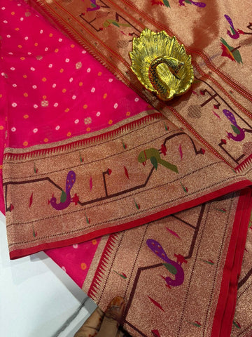 B-5400 Rani Pink Colour Bandini Crepe Paithani borders saree