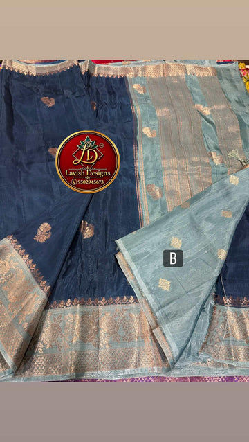GM-1699 Peacock blue nd sky blue colour Banaras green mango saree