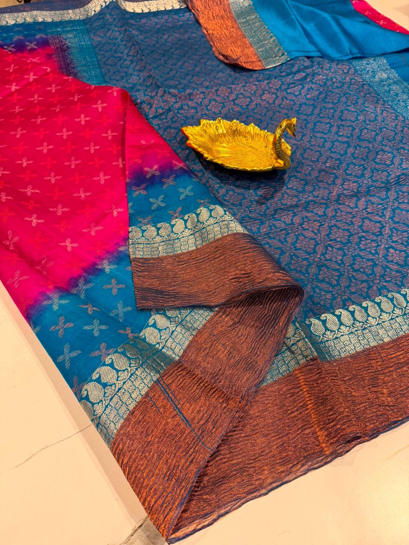 Dp-5900 pink  & sky blue  dupion pattu
