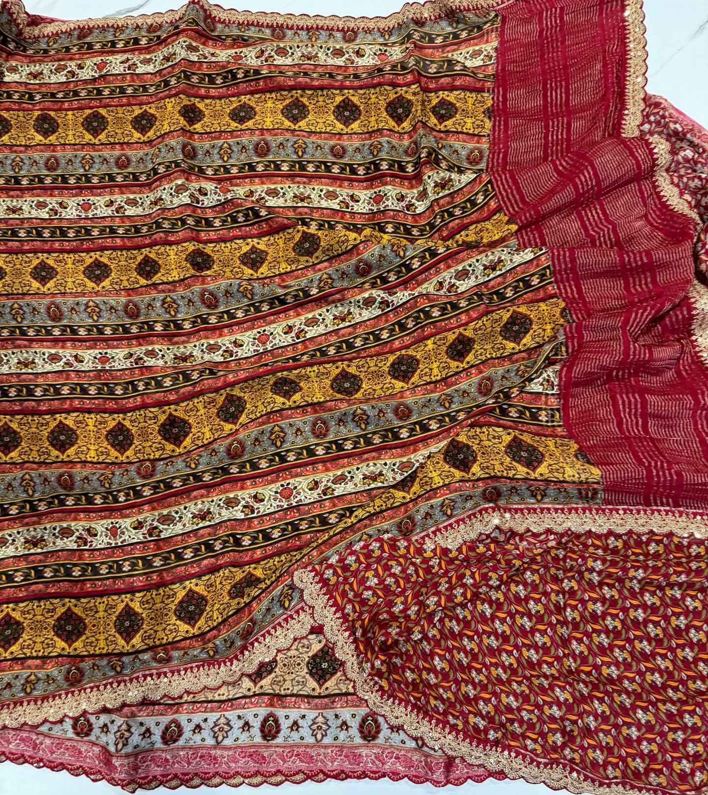 LD-37 chinon crape scalop boarders red n yellow saree