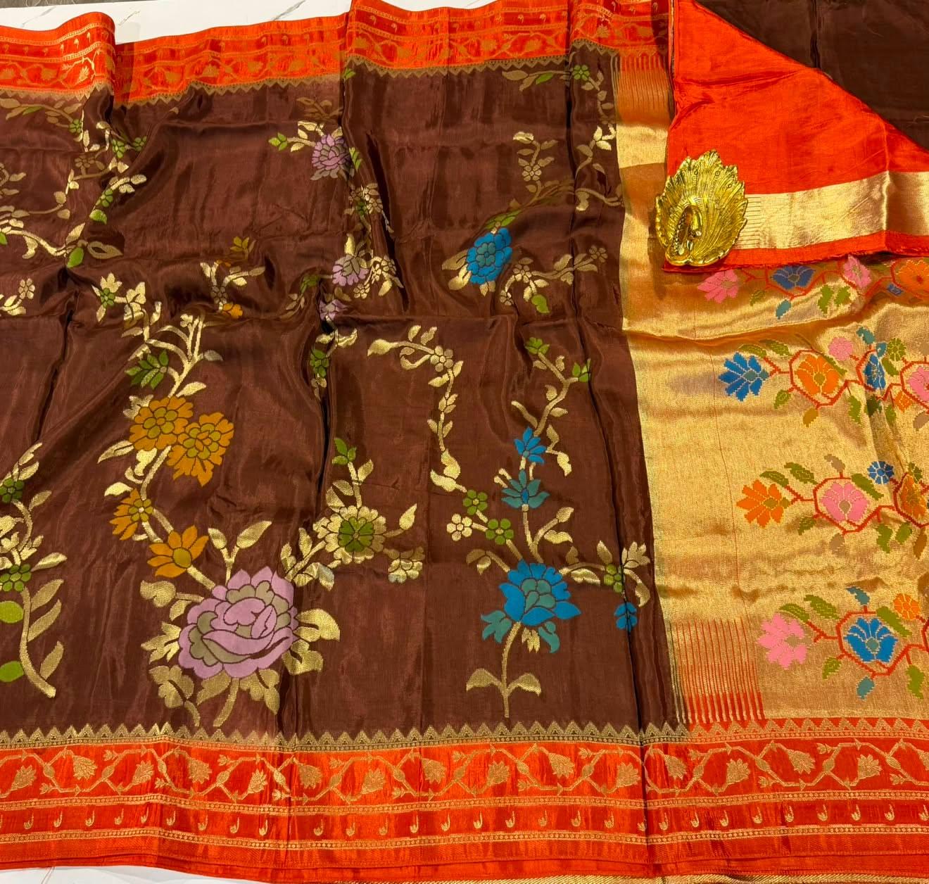GM-3399 Brown n orange colour green mango Jamdani saree