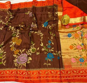 GM-3399 Brown n orange colour green mango Jamdani saree