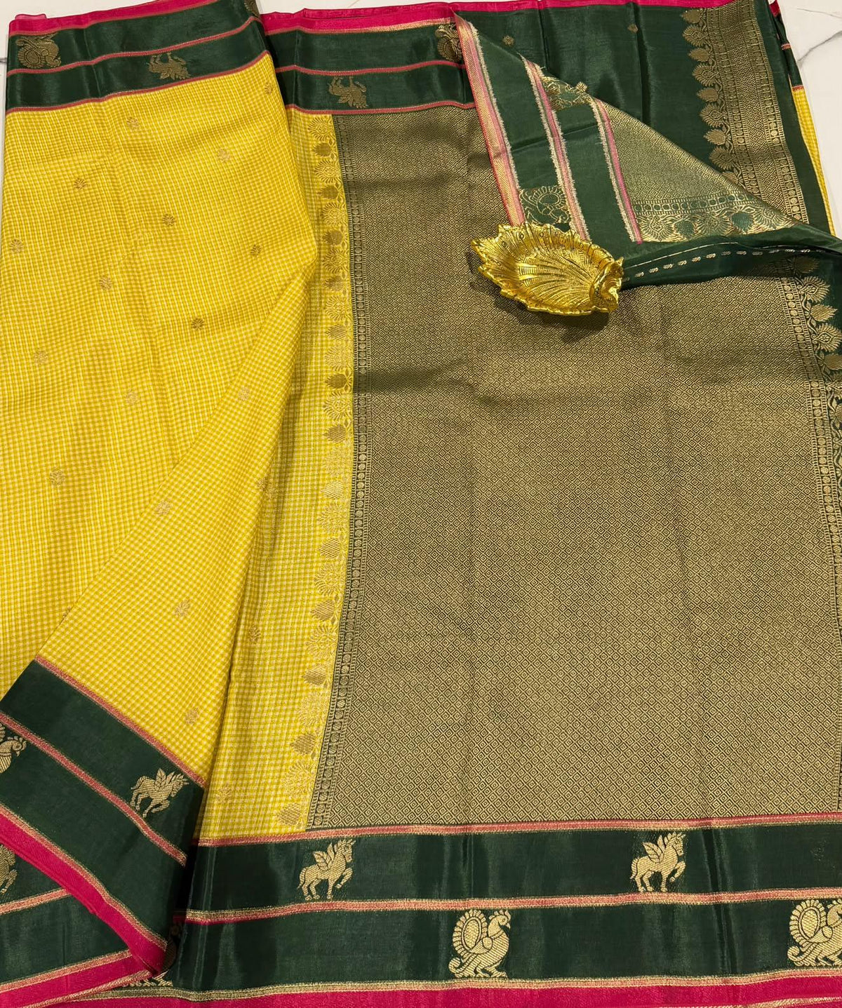 BV-4 Mustard yellow n Bottle green colour Benaras viscous crepe saree
