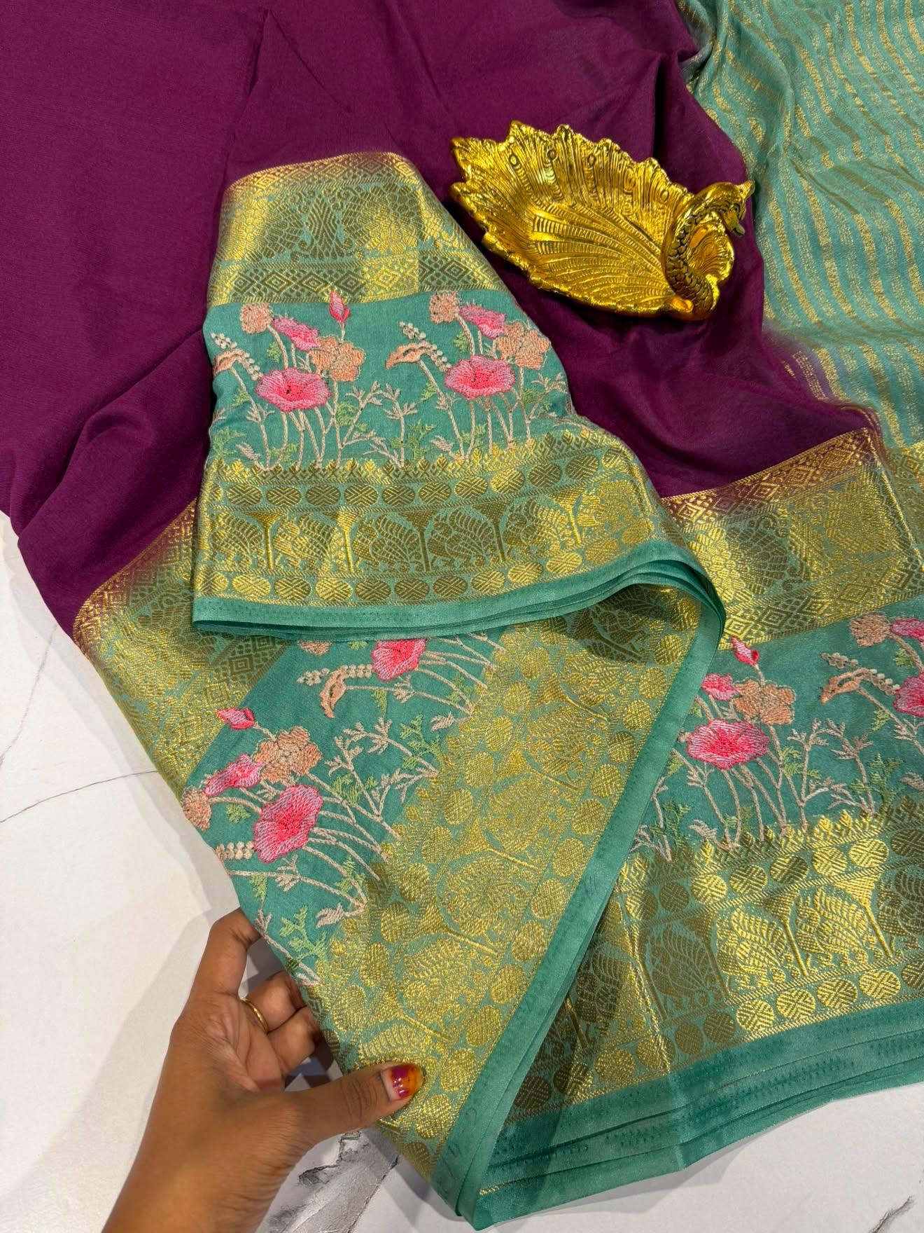 LD-M2 wine  & powder blue semi Mysore saree