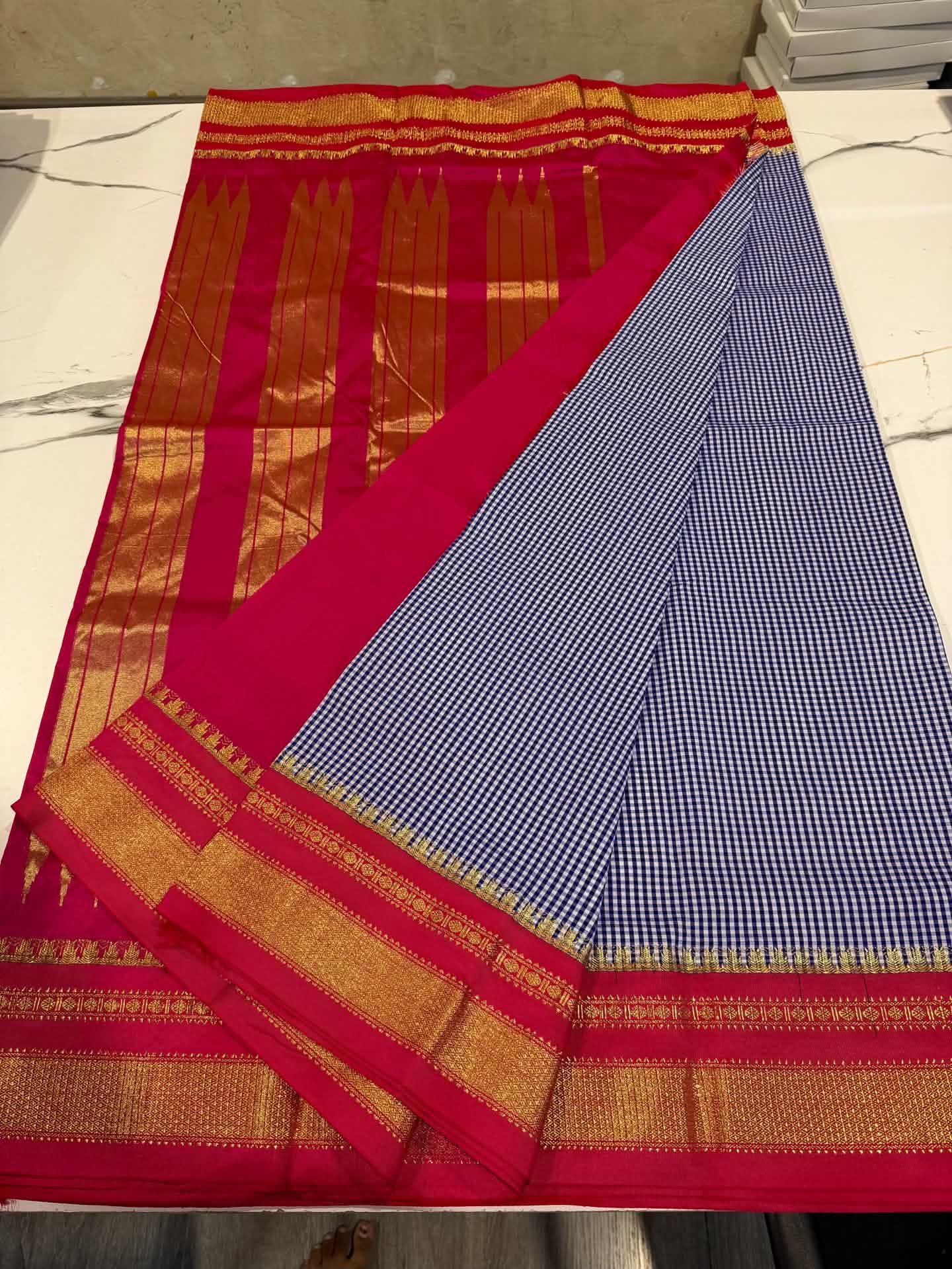 LD-N22 narayanapeta checks sarees navi blue and red saree