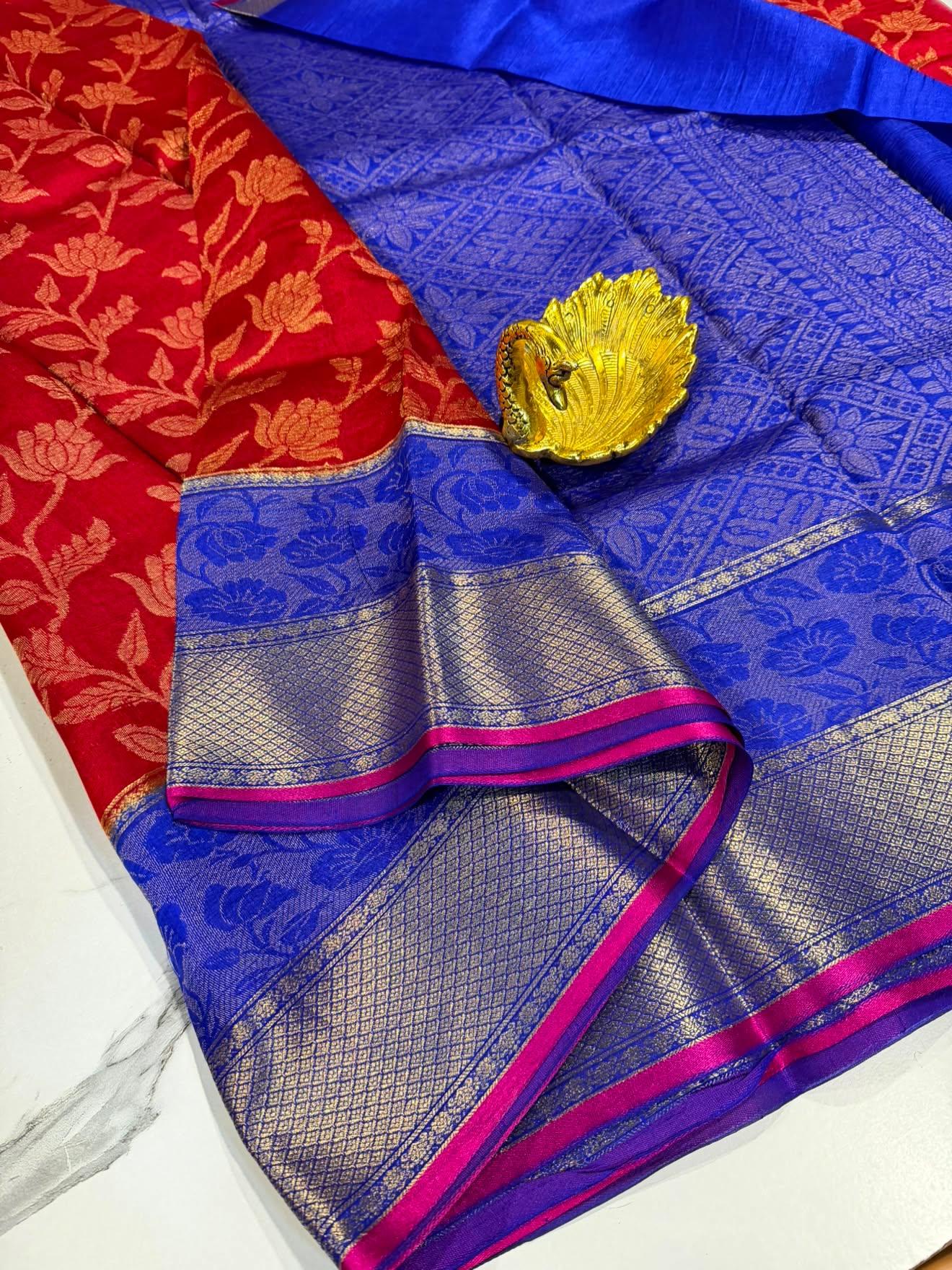 Dp-5900 red & blue dupion pattu