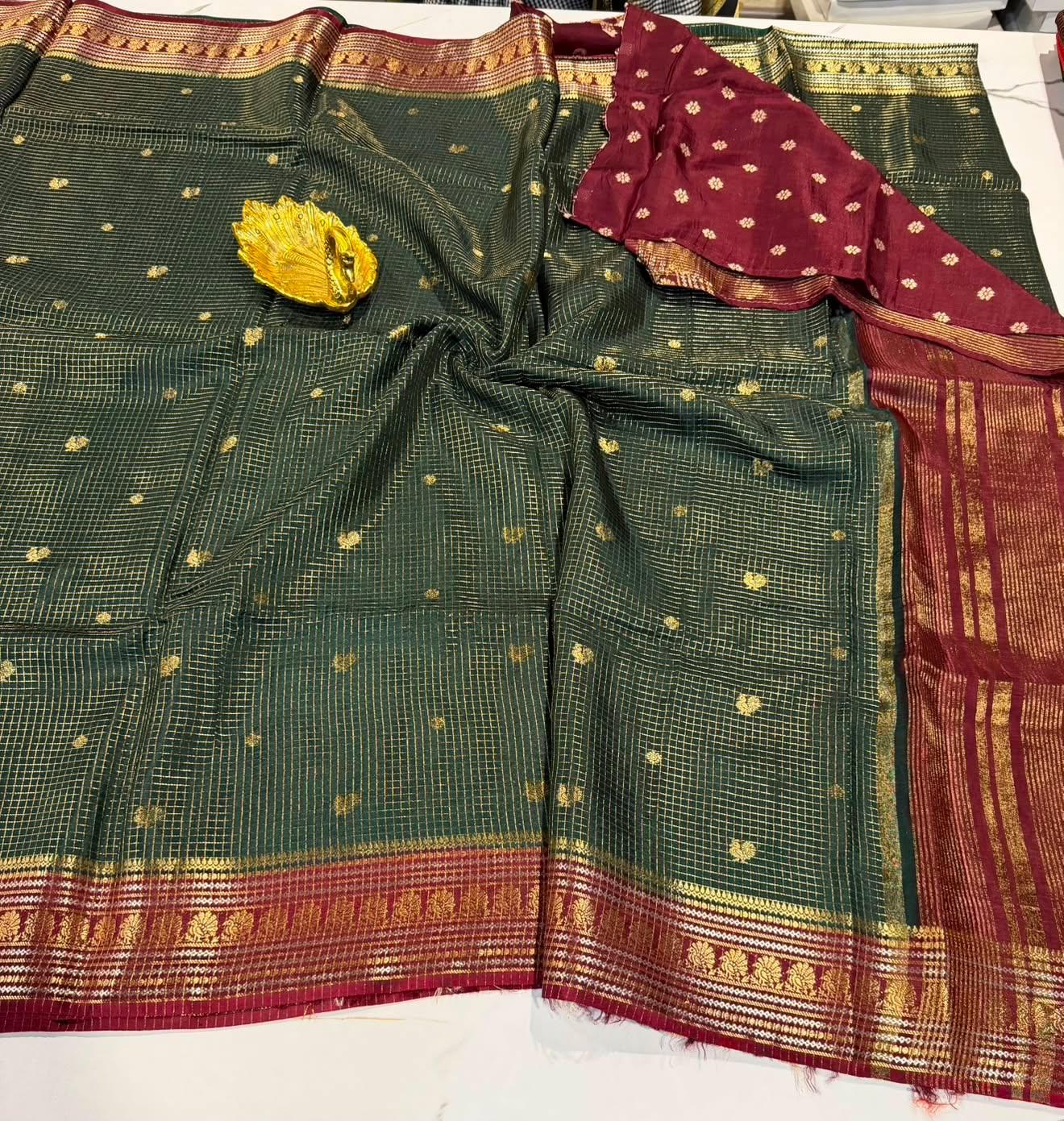 VKC2149-Bottle Green n Maroon small brdr- Vintage Kanchi checks sarees