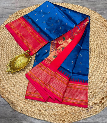 LD-N9 narayanapeta semi pattu peacock blue and pink saree muniya butta