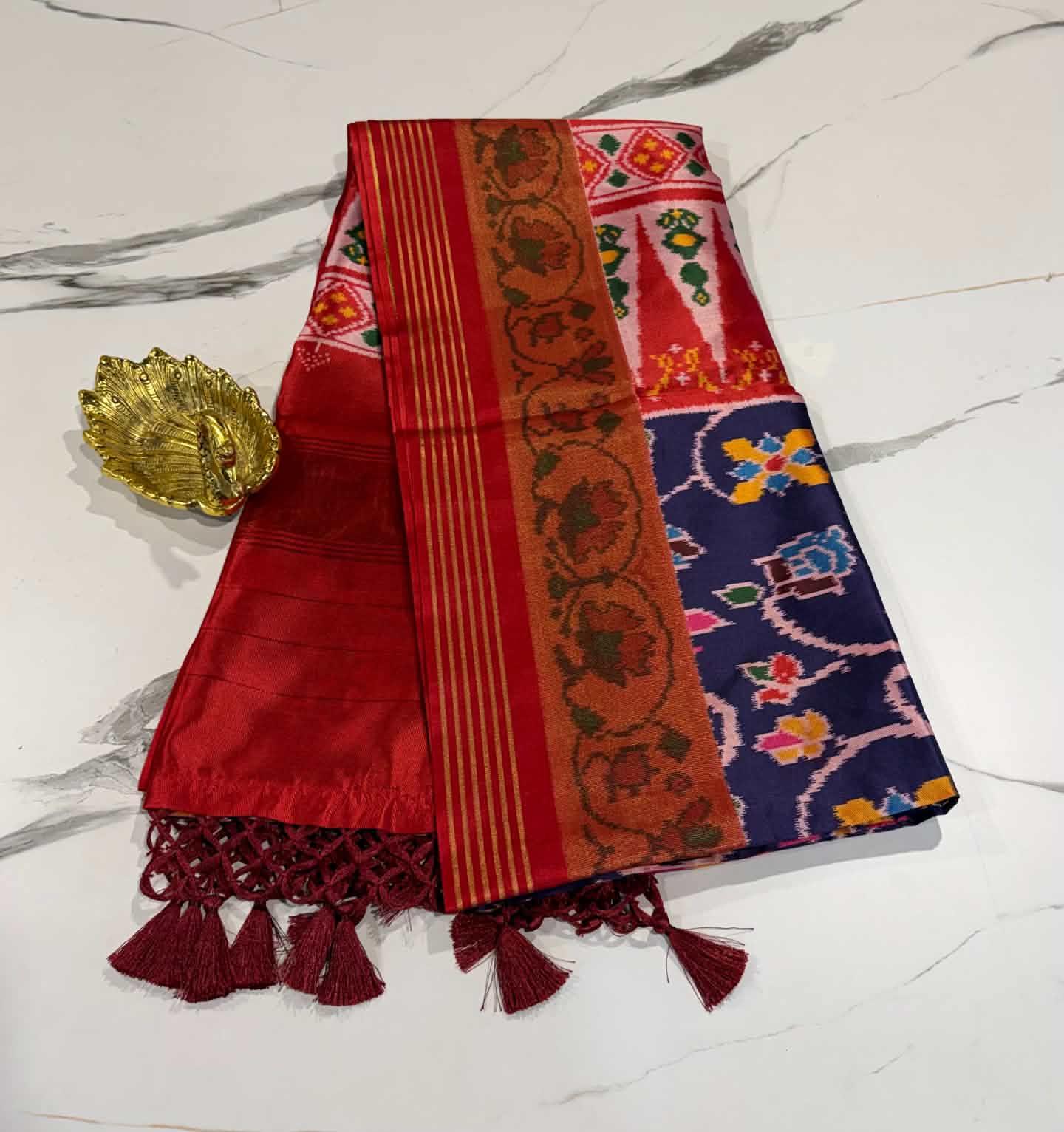 LD-1351 patola with tissue boarder blue and red saree parrots