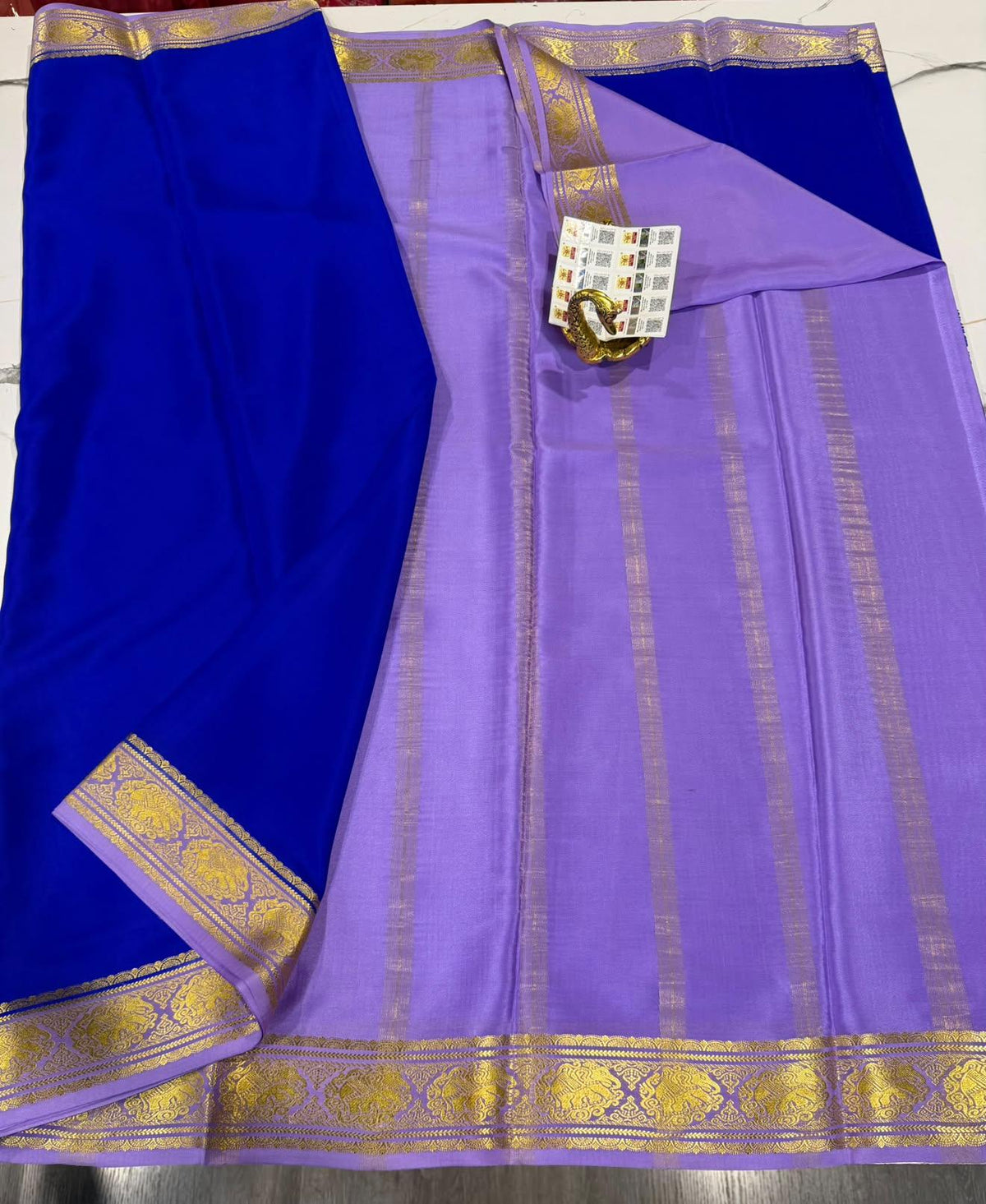 MR-95 Blue n Lavender blue colour Mysore pure crepe saree
