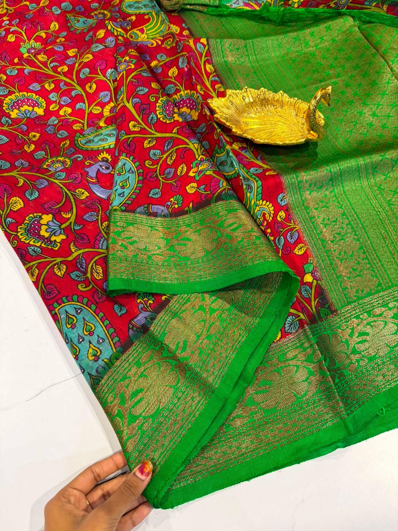 Dp-5900 red & green dupion pattu