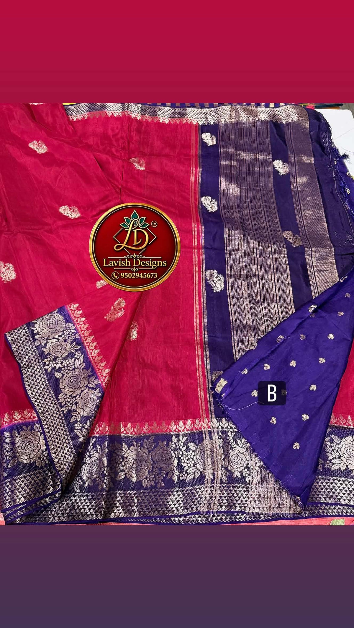 GM-1699 Dark Meroon nd Ink blue colour Banaras green mango saree